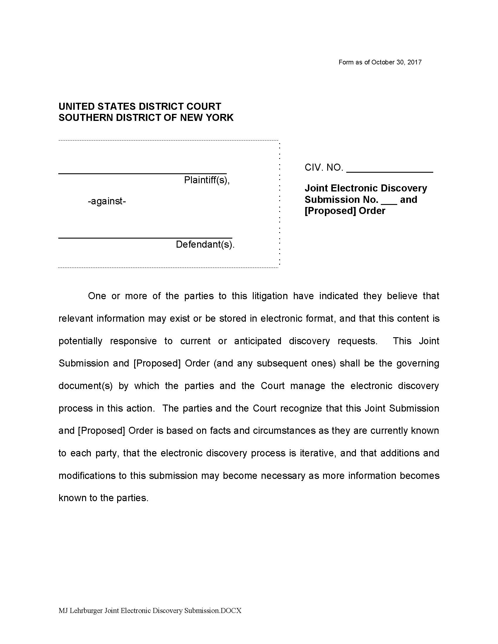 Joint Electronic Discovery Submission And [Proposed] Order (Mag. Judge Lehrburger) {SDNY JEDSPORWL} | Pdf Fpdf Docx | New York